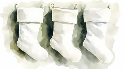 Three pristine white watercolor christmas stockings on a shadowless backdrop. Shadowmoss. Illustration
