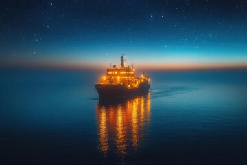 industrial night photography of illuminated offshore oil platform with dramatic ocean backdrop and starry sky