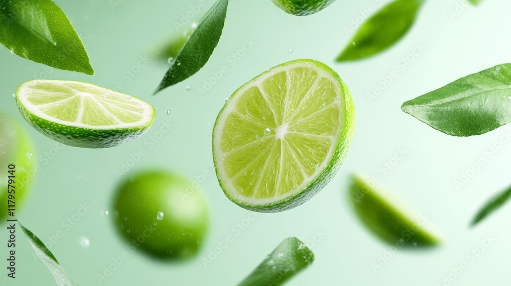 Poster Sliced and whole limes, adorned with vibrant green leaves, are levitating against a lively green backdrop, creating a refreshing and dynamic visual that captures the essence of summer