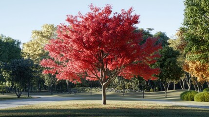 Vibrant red maple autumn park sunrise landscape
