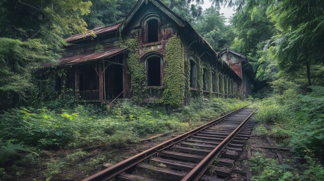 Overgrown Abandoned House Near Train Tracks in Lush Forest - Powered by Adobe