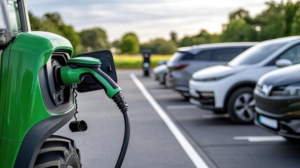 Close-up of an energy pylon and cable connected to an electric tractor in a tranquil rural area with several tractors in background