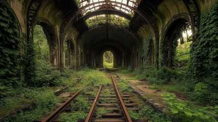 Obraz premium Overgrown Railway Tunnel Nature Reclaims Abandoned Tracks