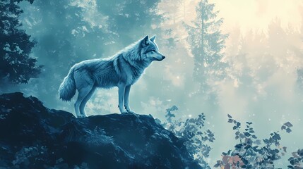 wolf in the nature in style book illustration
