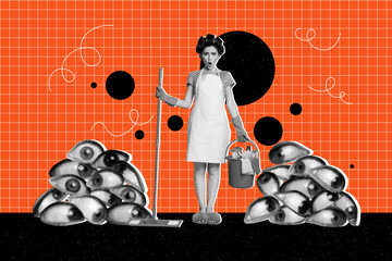 Banner art poster collage of dissatisfied shocked housemaid hold bucket mop cleaning dirty eyeball stare pile stalker look