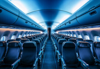 Fototapeta premium The interior cabin of an airplane with rows of seats and atmospheric lights on ceiling