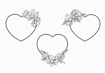 Set sketch illustrations of a hearts with daisies flowers. Black outline on a white background in line art style. Minimalistic style . ideal for cards, invitations, coloring books, design projects.