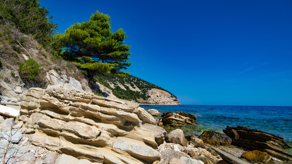view over rocky Albania coast in the far distance.