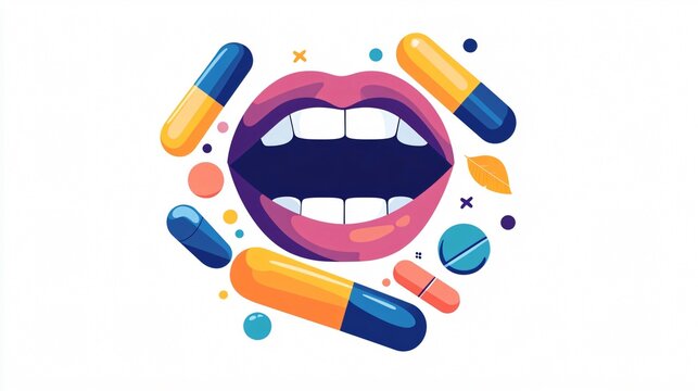 Open Mouth with Pills and Capsules: Healthcare, Medication, and Oral Health. Colorful vector illustration.
