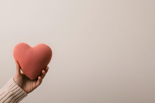A delicate hand gently holding a heart-shaped object crafted from red textured fabric. 