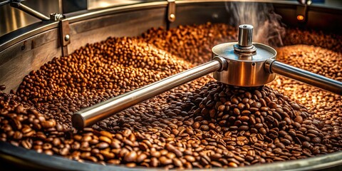 Industrial Coffee Roasting: Close-up of Rotating Metal Vat with Arabica & Robusta Beans