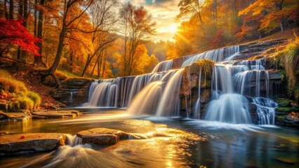 Obraz premium Golden hour illuminates cascading water and vibrant autumn foliage in a vintage waterfall park.