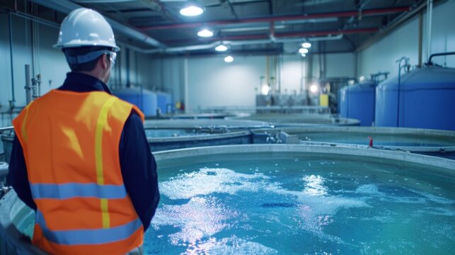 Industrial Water Treatment Plant Worker Inspecting Large Tanks