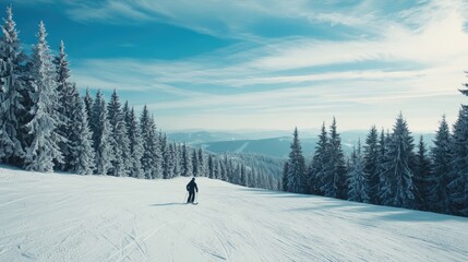 Snowboarders on a ski slope in the forest