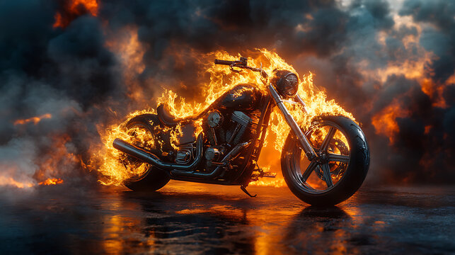 A motorcycle engulfed in flames against a smoky background, creating a dramatic scene.