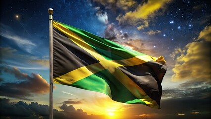 Jamaican Flag Night Wave Independence Day Celebration - Stock Photo