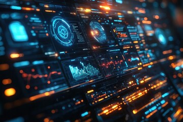 Obraz premium interactive virtual insurance dashboard with modern 3d icons floating on transparent digital screen interface with glowing blue technology elements