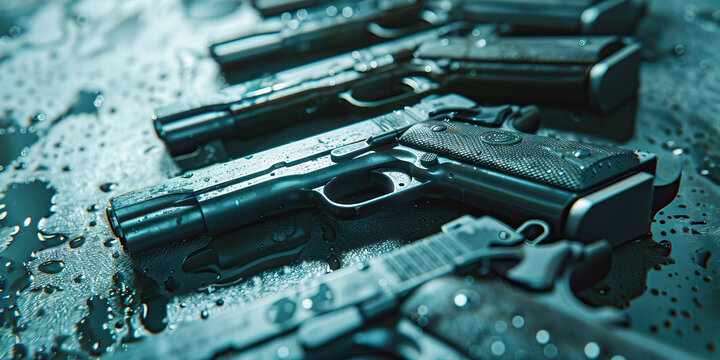 Multiple Handguns on Wet Surface