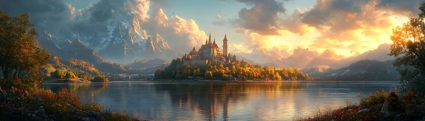 Majestic Autumn Castle on Island Lake Surrounded by Mountains