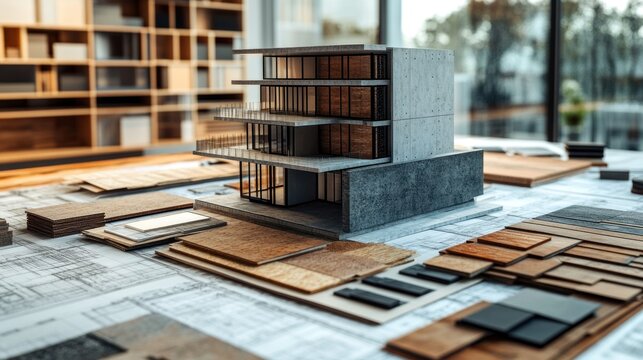 Stylish architecture presentation highlights a detailed model surrounded by blueprints and an array of material samples for creative design work