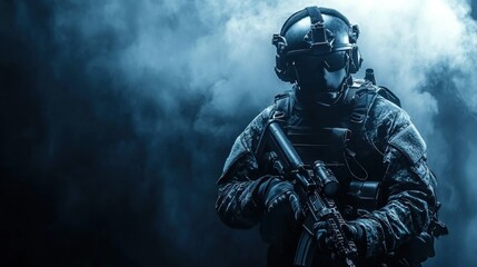 Fototapeta premium Night Ops: Elite Soldier in Smoke-Filled Battlefield