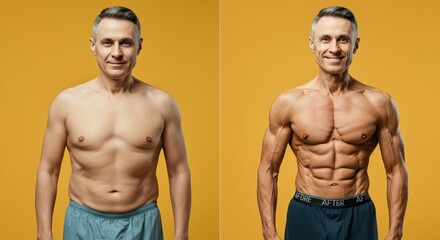 Fototapeta premium Transformation journey of a mature caucasian male demonstrating fitness before and after