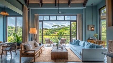 Fototapeta premium A spacious and serene room with large windows framing a beautiful view of nature, complemented by a calming blue color palette that enhances the peaceful ambiance.