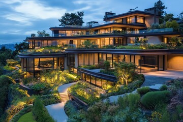 Obraz premium A hillside mansion with a multi-tiered design, featuring floor-to-ceiling glass panels and a rooftop garden with ambient lighting
