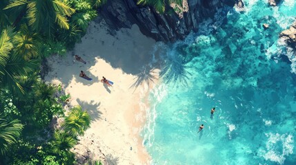 A top-down view of a beach with quaint, clear blue water and palm trees