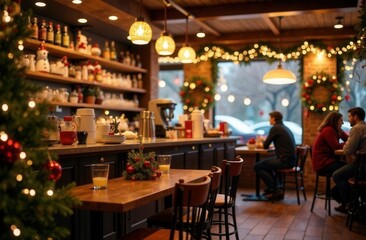 a cozy coffee shop decorated for Christmas, indoor setting with soft lights, warm ambient lighting creating a welcoming atmosphere, eye-level shot capturing festive decorations
