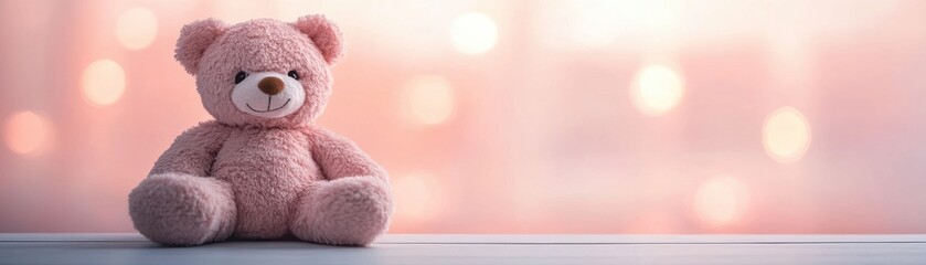 Obraz premium A cute pink teddy bear sits on a surface, surrounded by soft, blurred lights, evoking a warm and cozy atmosphere.