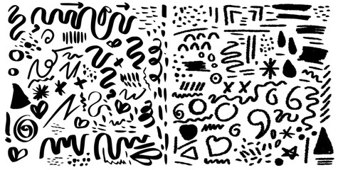 Collection of ink Brush Strokes. Set of vector Grunge Brushes. Dirty textures of banners, boxes, frames and design elements. Painted objects Isolated on white background