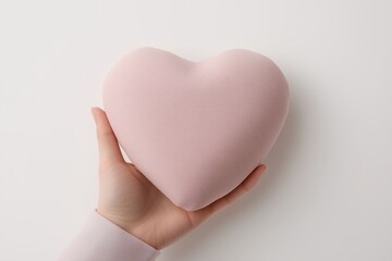 Fototapeta premium A gentle human hand holding a heart-shaped object crafted from soft pink fabric.