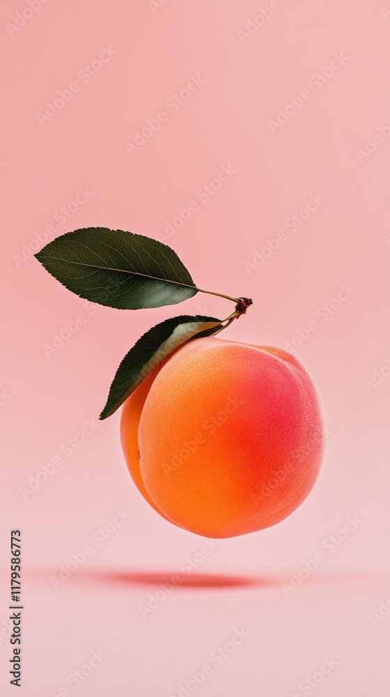 Poster fresh, ripe apricot with leaves gracefully levitating against a vibrant pink backdrop, creating a vi