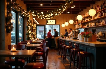 A restaurant is decorated for Christmas with tables, stools, and a tree