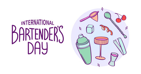 International Bartender day greeting banner. Set of elements bartender makes cocktail. Ice, shaker, stirring spoon, jigger, glass, citrus peel. Sketch style, crooked doodle. Vector illustration.