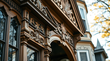 Fototapeta premium Ornate Wood Facade Detail with Arched Entryway