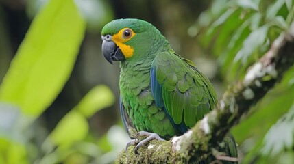 Fototapeta premium Vibrant Green Parrot Perched on Mossy Branch in Lush Rainforest