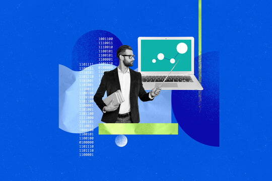 3d sketch collage image of serious man academic hold stick book stack point laptop programming study java script developing cyber