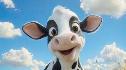Silly cow with a white face and black spots looks playfully forward adorned by a vibrant nature scene and sunny skies above