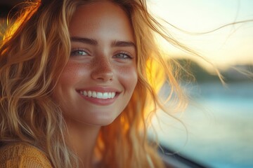 Fototapeta premium joyful young woman driver dancing and singing in car during sunset road trip adventure with hair blowing in wind