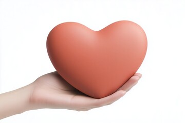 Fototapeta premium A human hand gently holding a large coral-colored heart-shaped ornament with a smooth and polished surface.