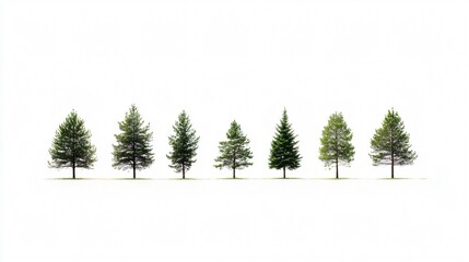 Obraz premium Seven Evergreen Trees Isolated on White: A Minimalist Nature Photograph