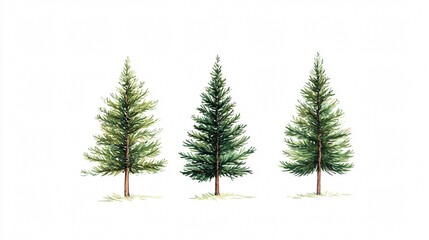 Watercolor Painting of Three Pine Trees on a White Background