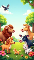 Fototapeta premium colorful illustration of various farm animals , animals, farm animals, sheep