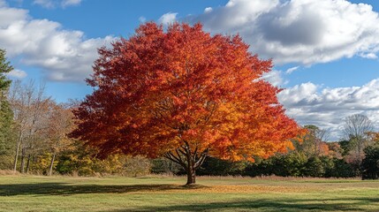 Vibrant autumn tree in field, sunny sky, fall foliage