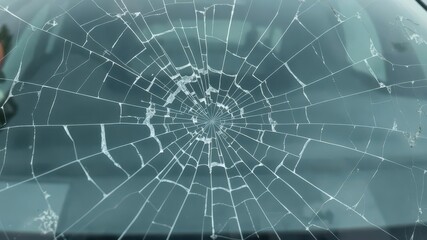 Obraz premium Cracked and shattered car windshield glass with spiderweb fractures, broken, damage