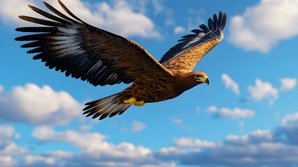 Obraz premium Majestic Eagle in Flight Against a Blue Sky with White Clouds