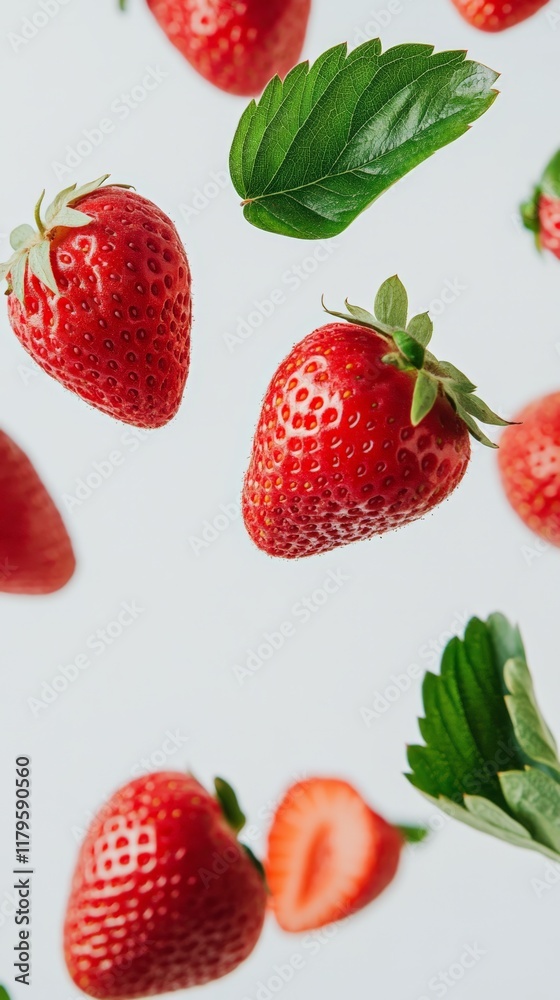 Poster ripe red strawberries and lush green leaves floating gracefully in mid air against a pristine white 