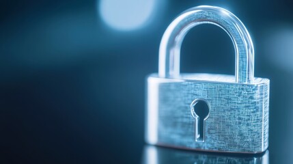 Shiny Padlock Resting on a Smooth Reflective Surface Creating a Sense of Security and Intrigue in a Minimalist Setting